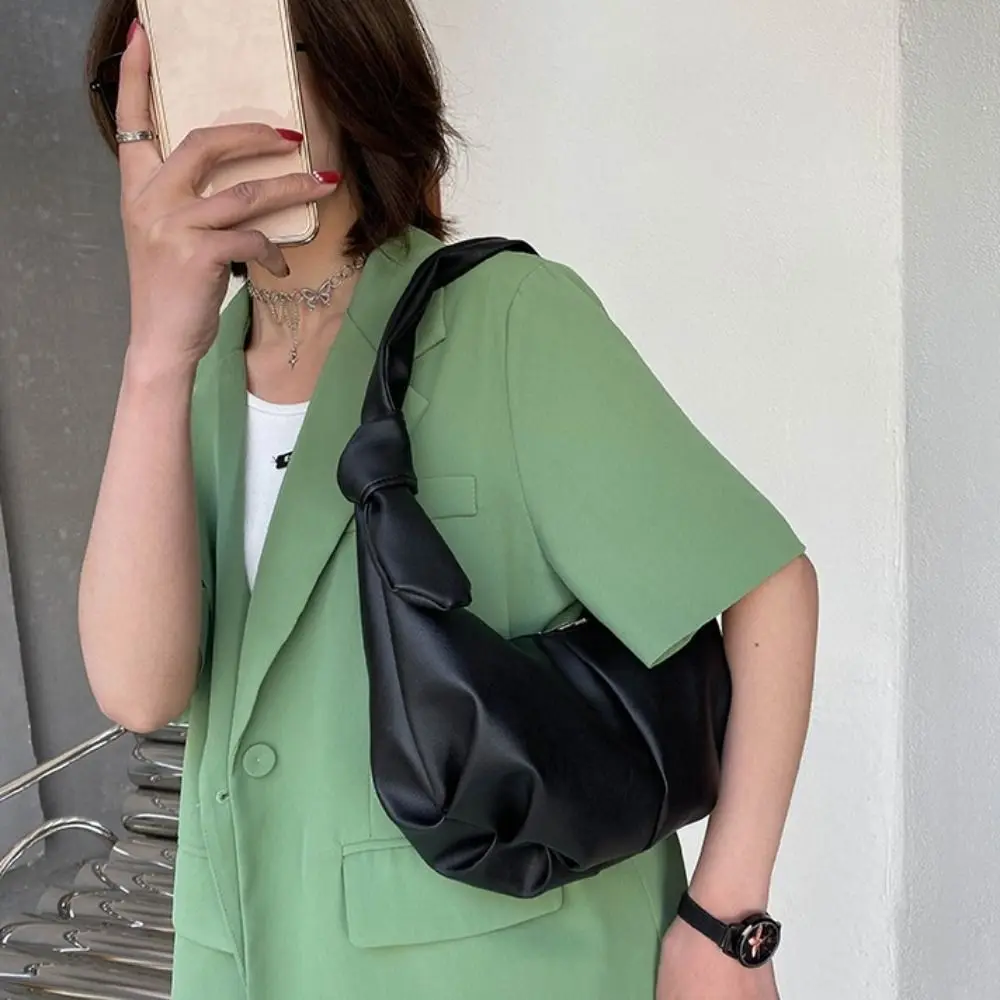 

Leather Half Moon Underarm Bags Dumpling Shape Korean Style Single Shoulder Hangbag Commuting Solid Color Pu Pleated Handbags