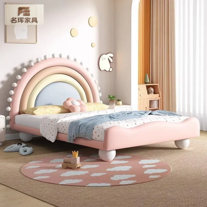 Rainbow Cream Style Princess Bed for Girls Solid Wood Frame with First Layer Cowhide Upholstery Fun Childrens Bedroom