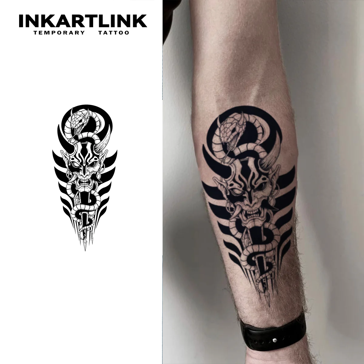 INKARTLINK 1PC Herbal Oni Mask Snake Tattoo Lasts 2-5 Days, Unisex for Parties, Festivals & Bold Style