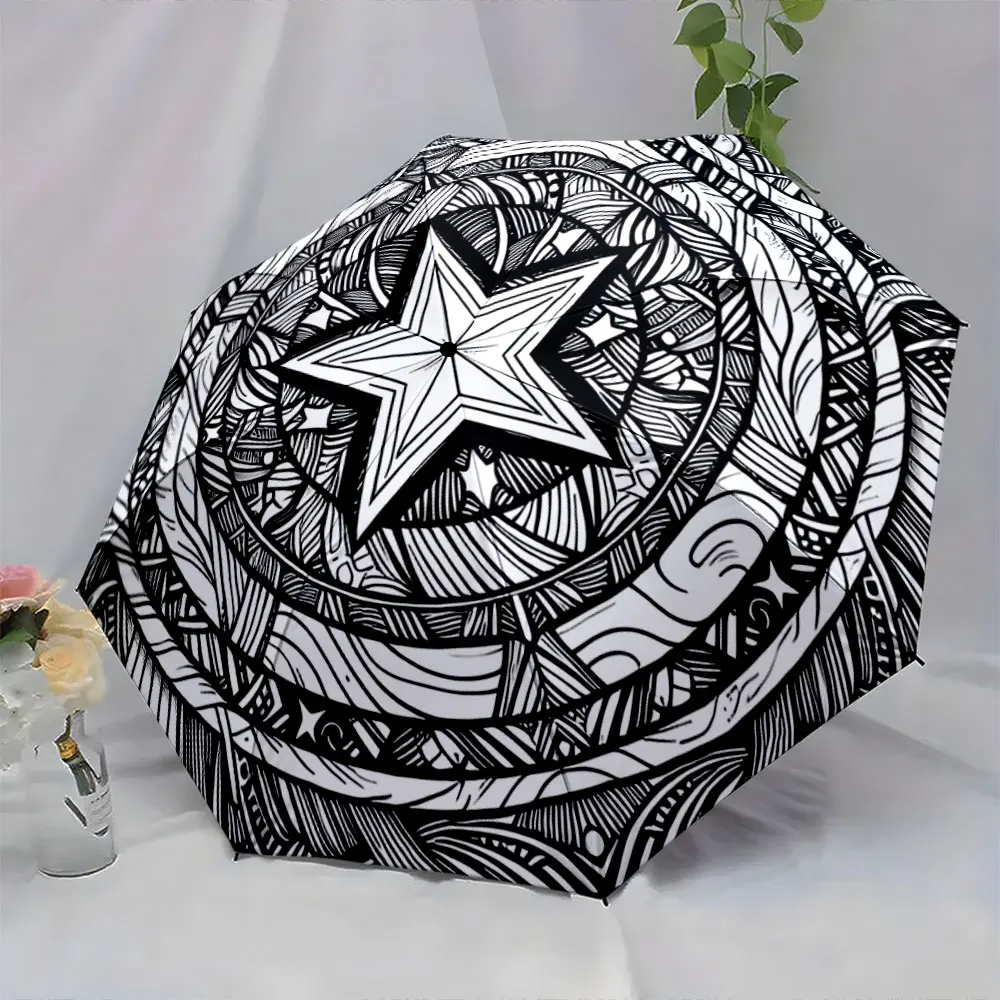 1PC Mandala Star Umbrella: Intricate Geometric Design Print 8 Iron Ribs Folding Umbrella Auto-Open Fashion Sunshade