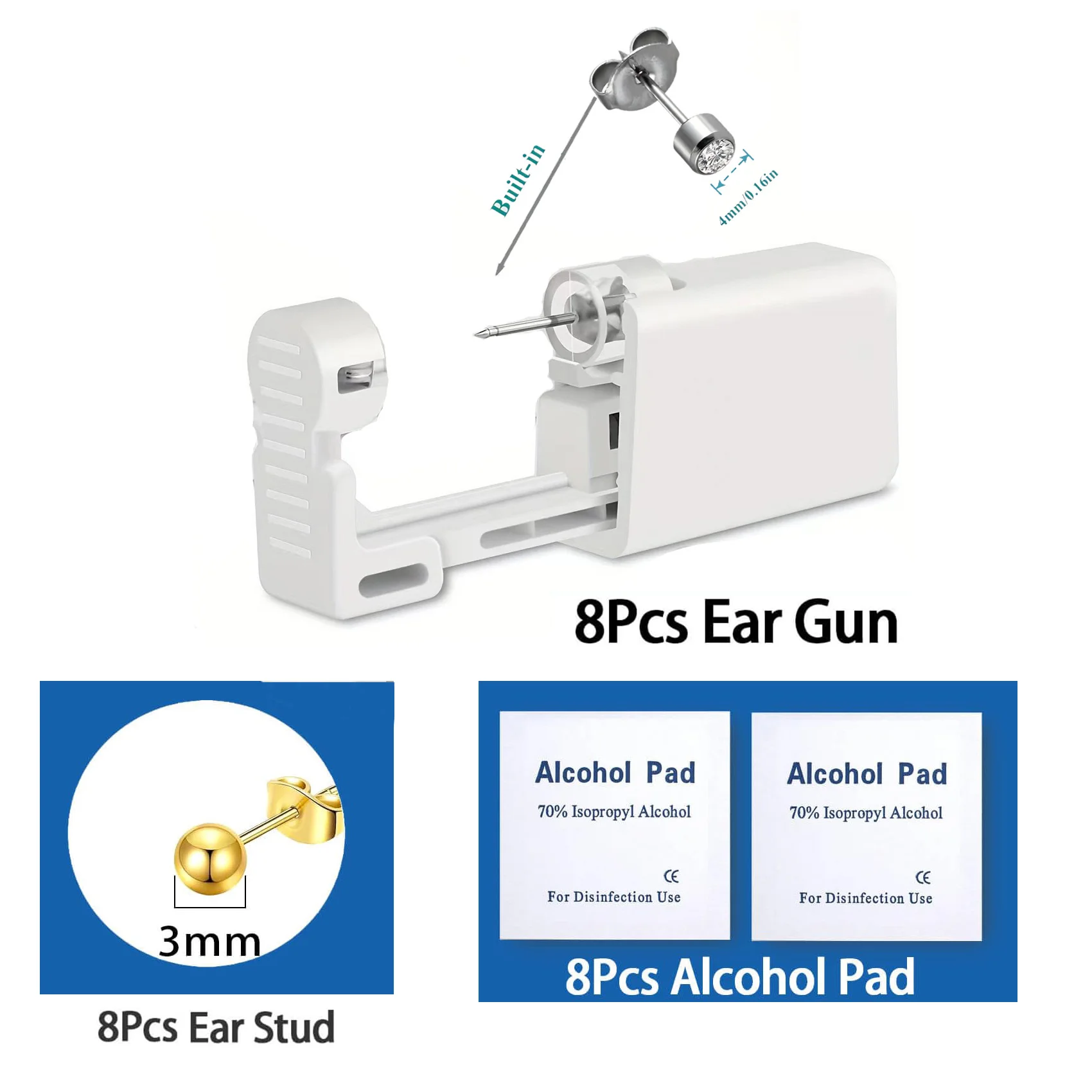 24/32/56pcs Ear Piercing Kit Including Disposable Safty Self Piercing Gun and Cubic Zirconia Ball Stud Earrings and Alcohol Pads