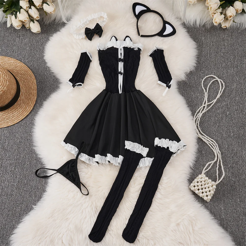 Sweet Cute Lolita Women Dress Wrap Chest Ruffle Bow Pleat Cake Skirt Sexy Erotic Lingerie Cosplay Nightgown Evening Dress Pajama