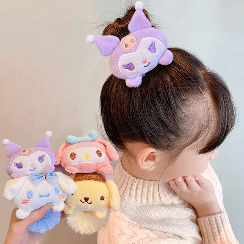 Sanrio Cartoon Cute Plush Scrunchies Kuromi Melody Cinnamoroll Pudding Dog Hair Ring Elastic Hairband For Girls Hair Accessories