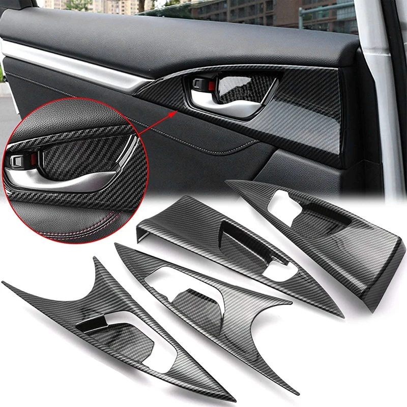 Carbon Fiber Interior Mouldings Inner Door Handle Bowl Panel Cover Trim For Honda Civic Sedan 2016-2021