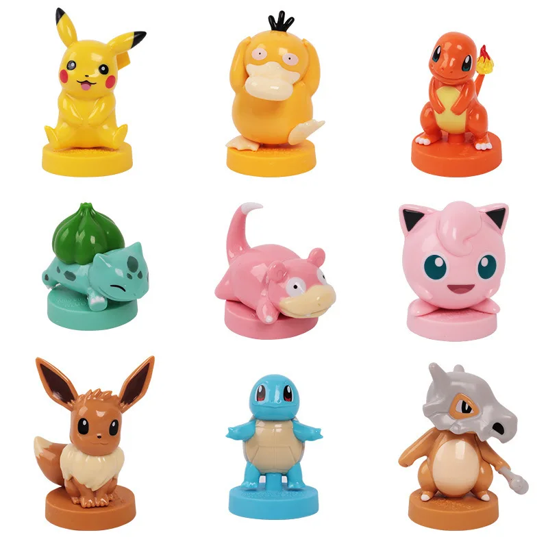 9 Optionals Anime Figures Stamp Toys Pikachu Cubone Eevee Squirtle Seal Cartoon Series Anime Model Ornaments Kids Birthday Gift