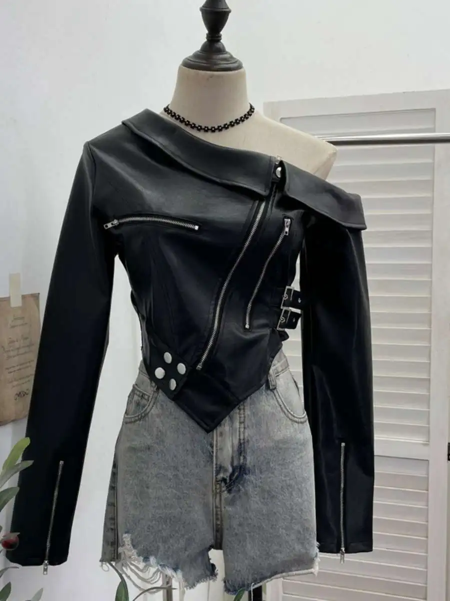 Sexy ort Leather Jaet Women's Cool Slanted oulder Biker Sle Zipper Irregular  Coat Long Sve Adult Outerwear