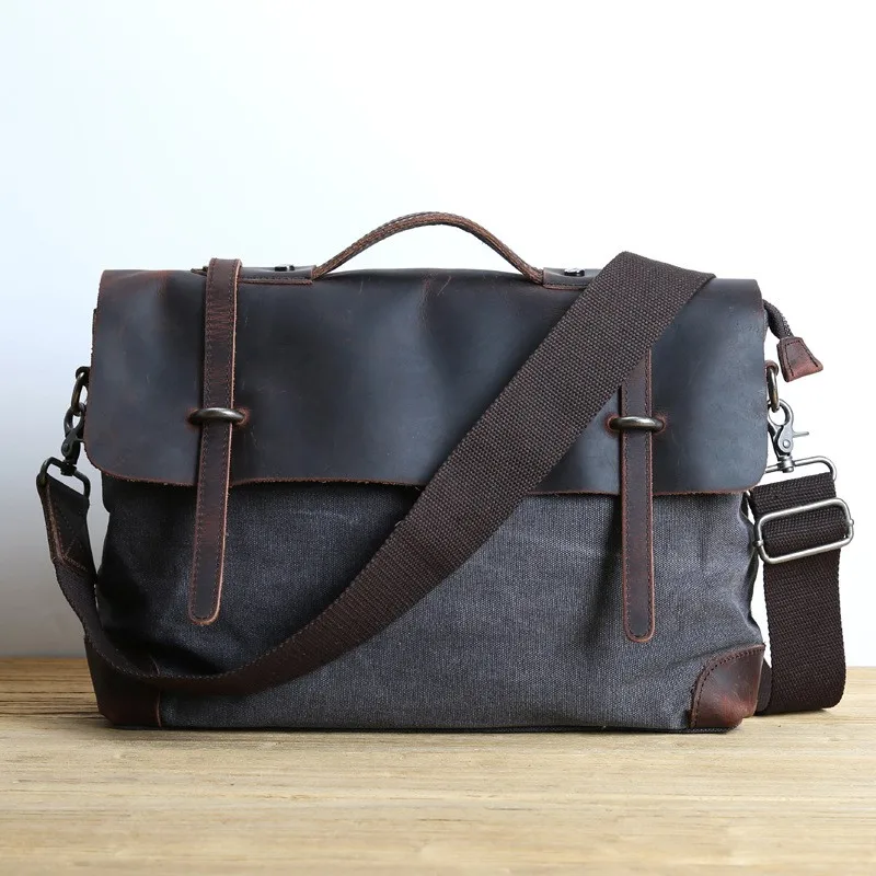 Retro Men Briefcases Canvas Man Messenger Bag Genuine Leather Male Laptop Handbag Men's Shoulder Bags