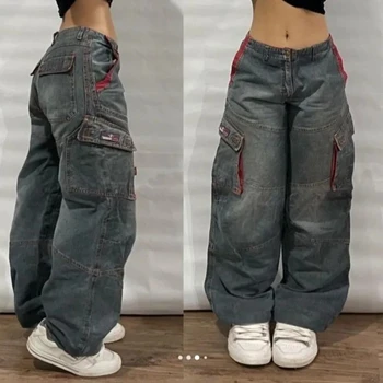 Y2K moda Baggy kot Denim kargo pantolon bayan Vintage çok cep yüksek bel yeni Harajuku gotik geniş pantolon Streetwear