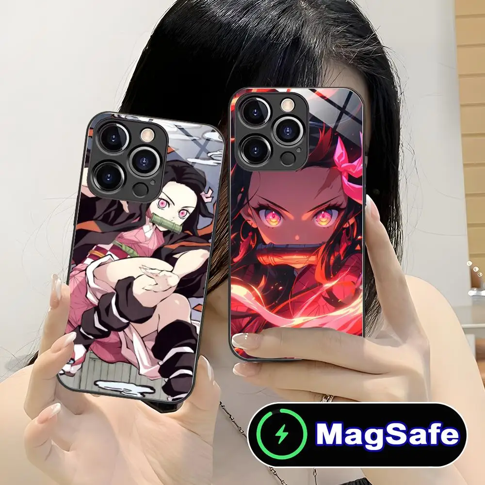 

Чехол для телефона Demon Slayer Anime Nezuko для iPhone 16, 15, 14, 13, 12, 11 Pro Max Plus Mini MagSafe, стеклянный цвет, защитный роскошный чехол