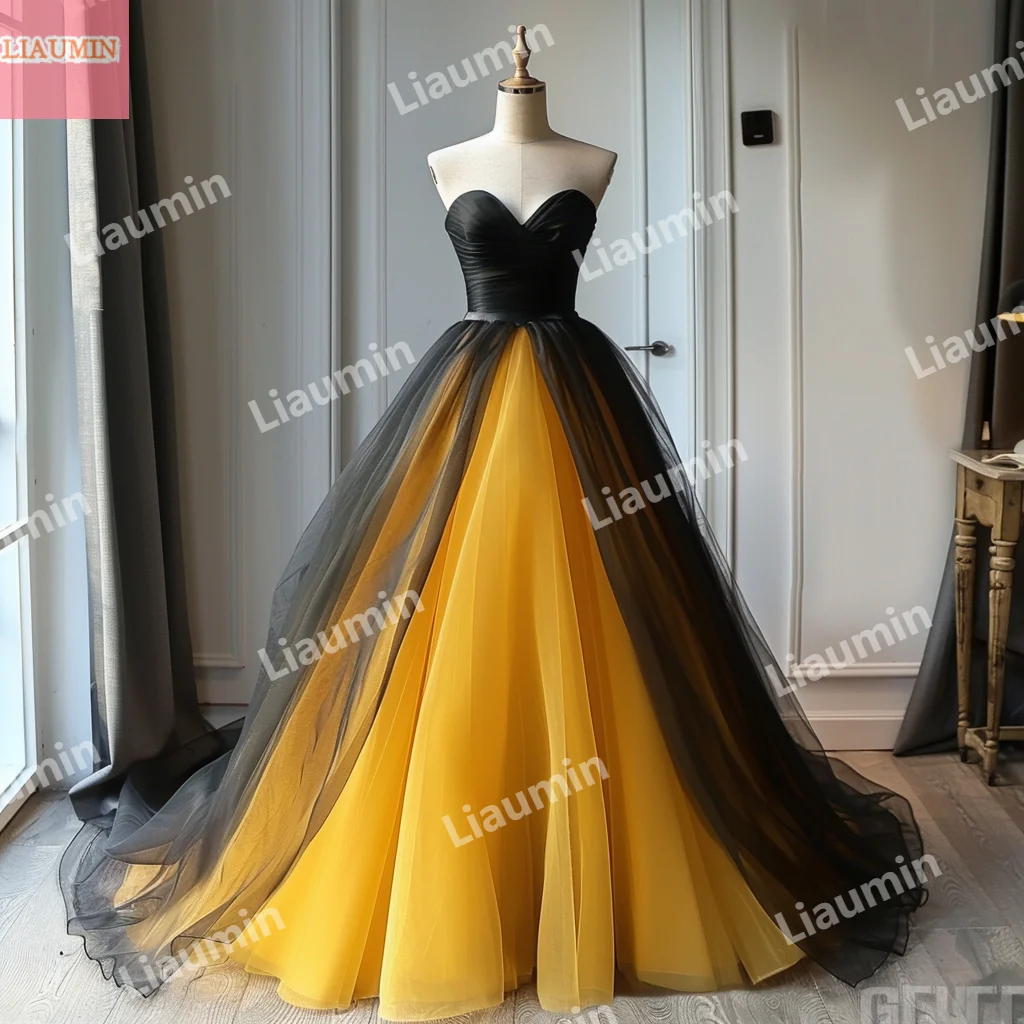 

Custom Made Yellow And Black Tulle Ball Gown Pleat Strapless Prom Dress Lace Up Back Evening Formal Party Clothing W15-52.2