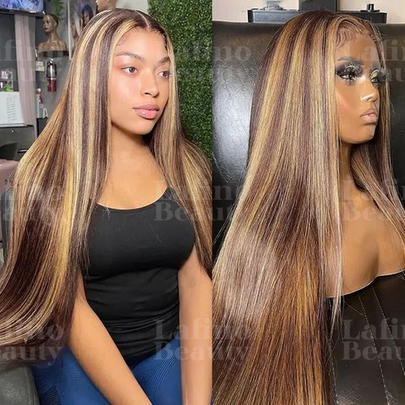 

4/27 Bone Straight Highlight Wig Human Hair 13x6 HD Lace Frontal Wigs Ombre Honey Blonde Colored Straight for 4/27