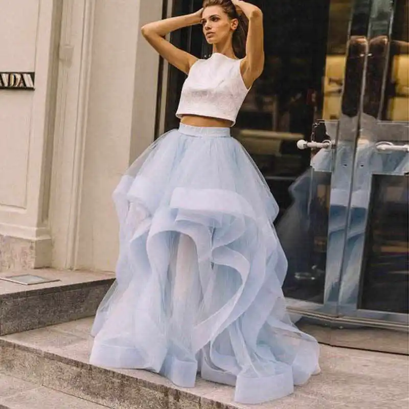 

Trendy Long Baby Blue Skirt Female Zip Closure Street Fashion Skirts Women Floor Length Tulle Layered