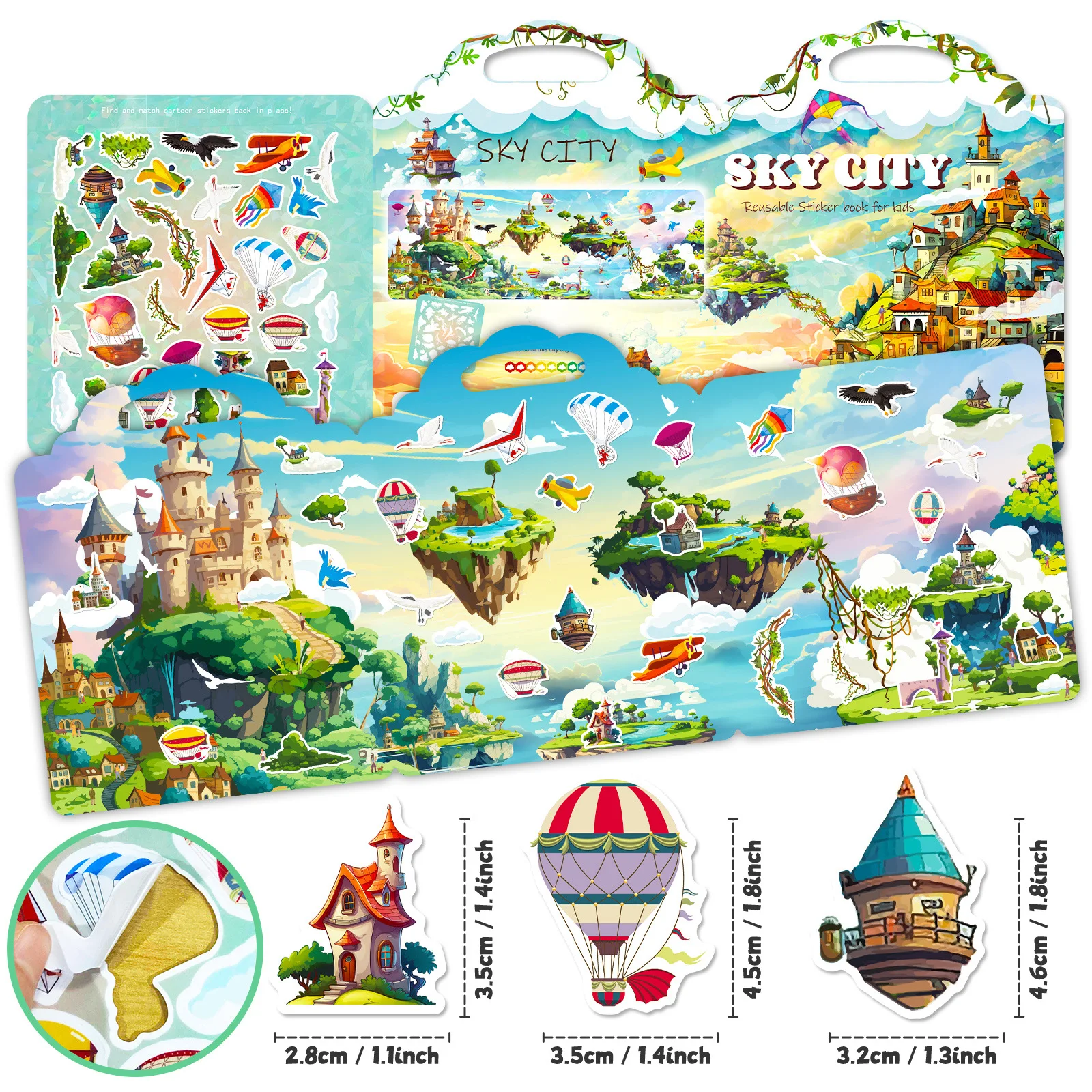 كتاب ملصقات Bview Art Sky City: كتاب تثبيت جل للتركيز والوقت الهادئ قابل لإعادة الاستخدام لربط الوالدين والطفل #4