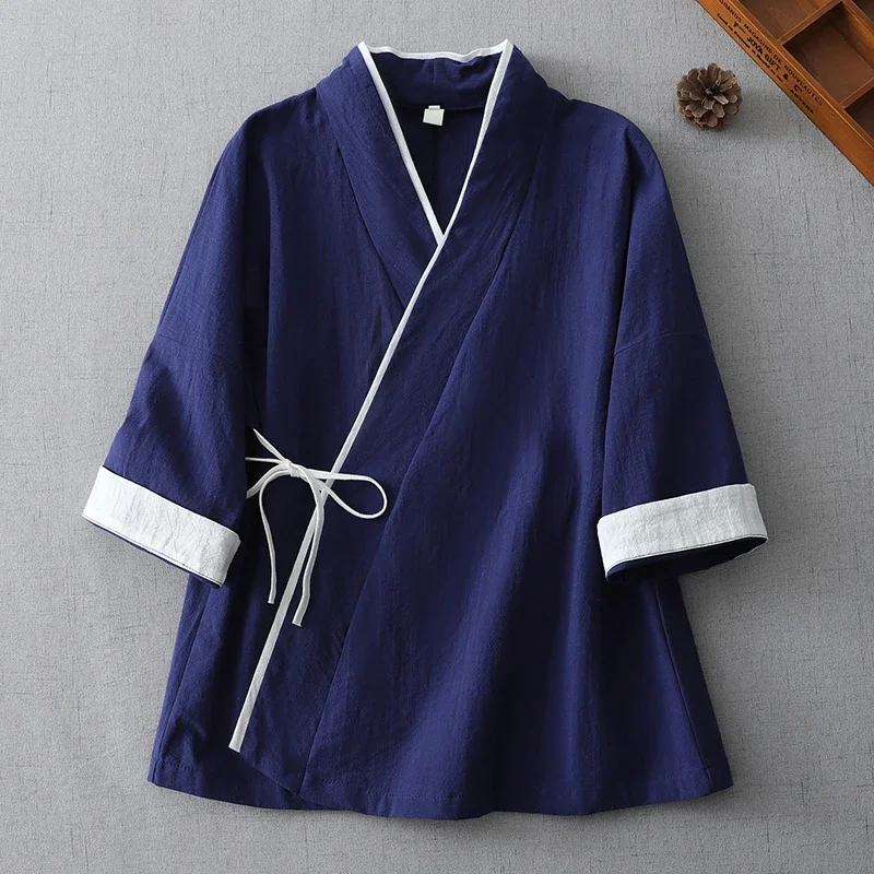 

Women's Chinese Style Improved Hanfu Cotton Linen Shirt Wrap V-Neck Three Quarter Sleeve Tie Waist Loose Zen Tea Wear Top