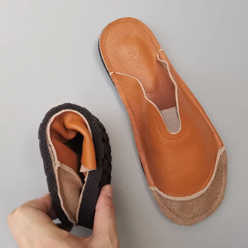 

Genuine leather slippers men's mule cowhide original breathable casual flat soft bottom outer wear cool slippers summer