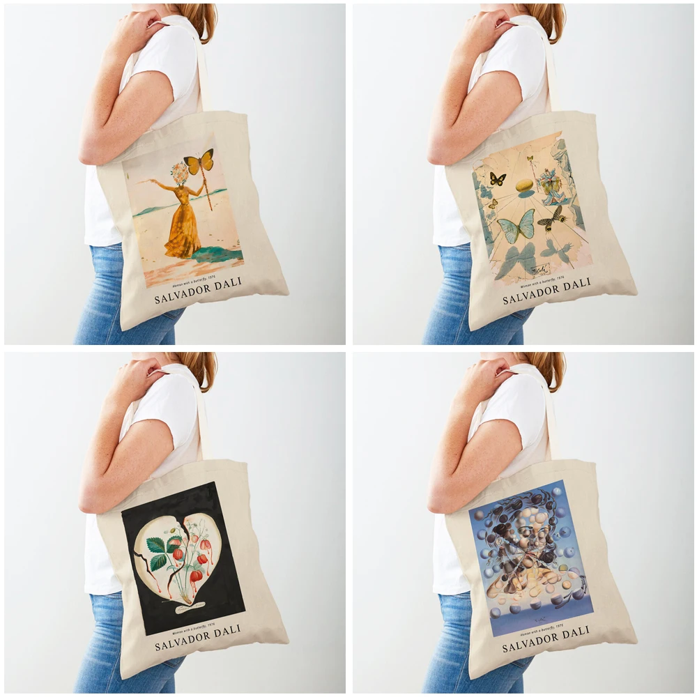 Double Print Reusable Casual Canvas Women Shopping Bags Salvador Dali Surrealism Cubism Exhibition Shopper Bag Tote Lady Handbag