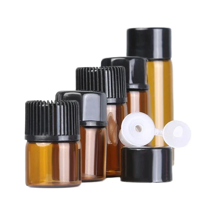 100 pçslot 1/2/3/5ml garrafas de óleo essencial vidro âmbar mini frascos de perfume garrafa recarregável amostra garrafa de teste recipiente cosmético