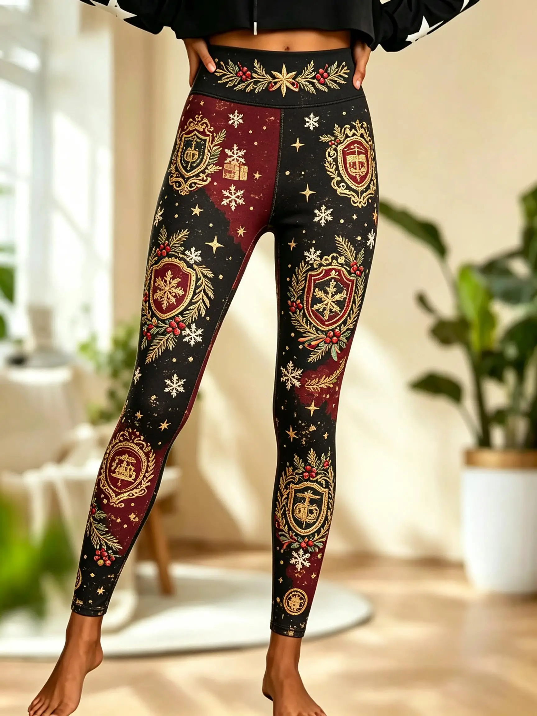 Women Fleece‑Lined Mid‑Rise Leggings Christmas Red Green Block Golden Crest Holly Snowflake Print Slim Warm Pants