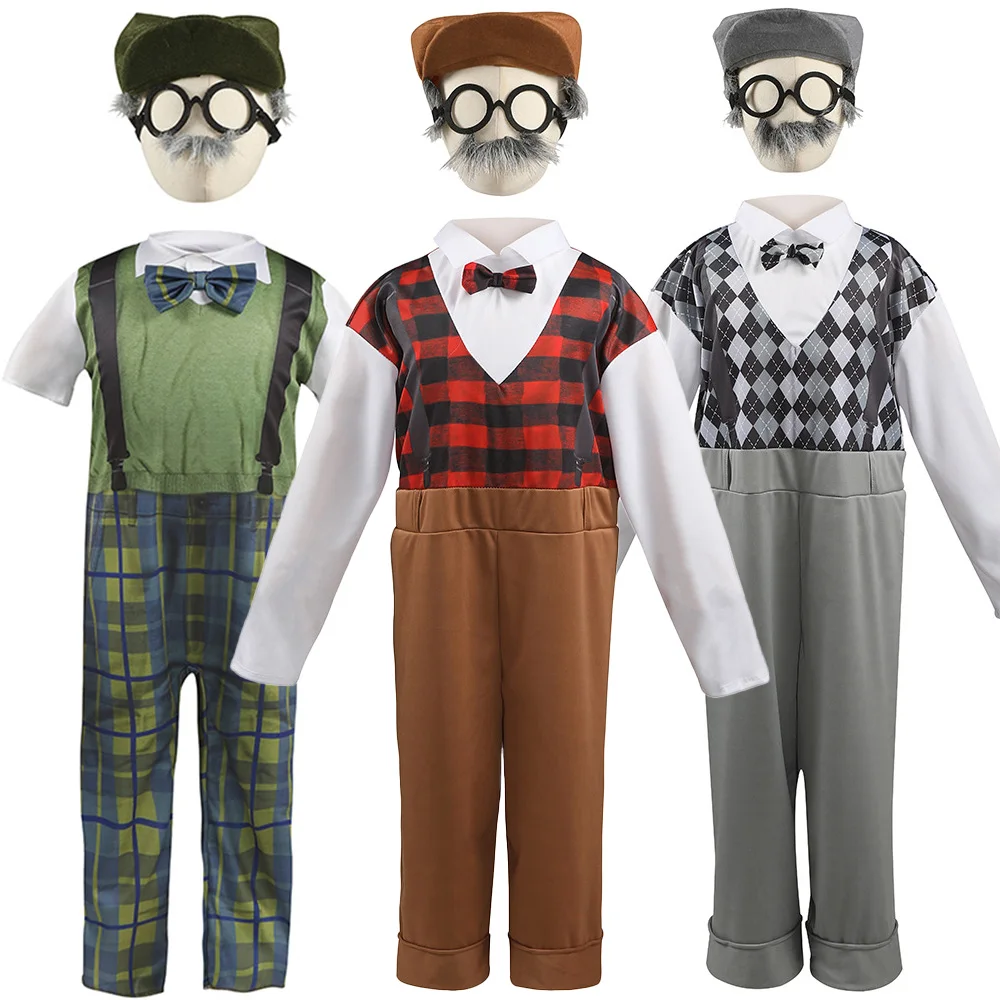 Kids Halloween Cosplay Beard Centenarian Costume for Boy Plaid Jumpsuit and Hat with Glasses Children's Day Stage Show Uniform