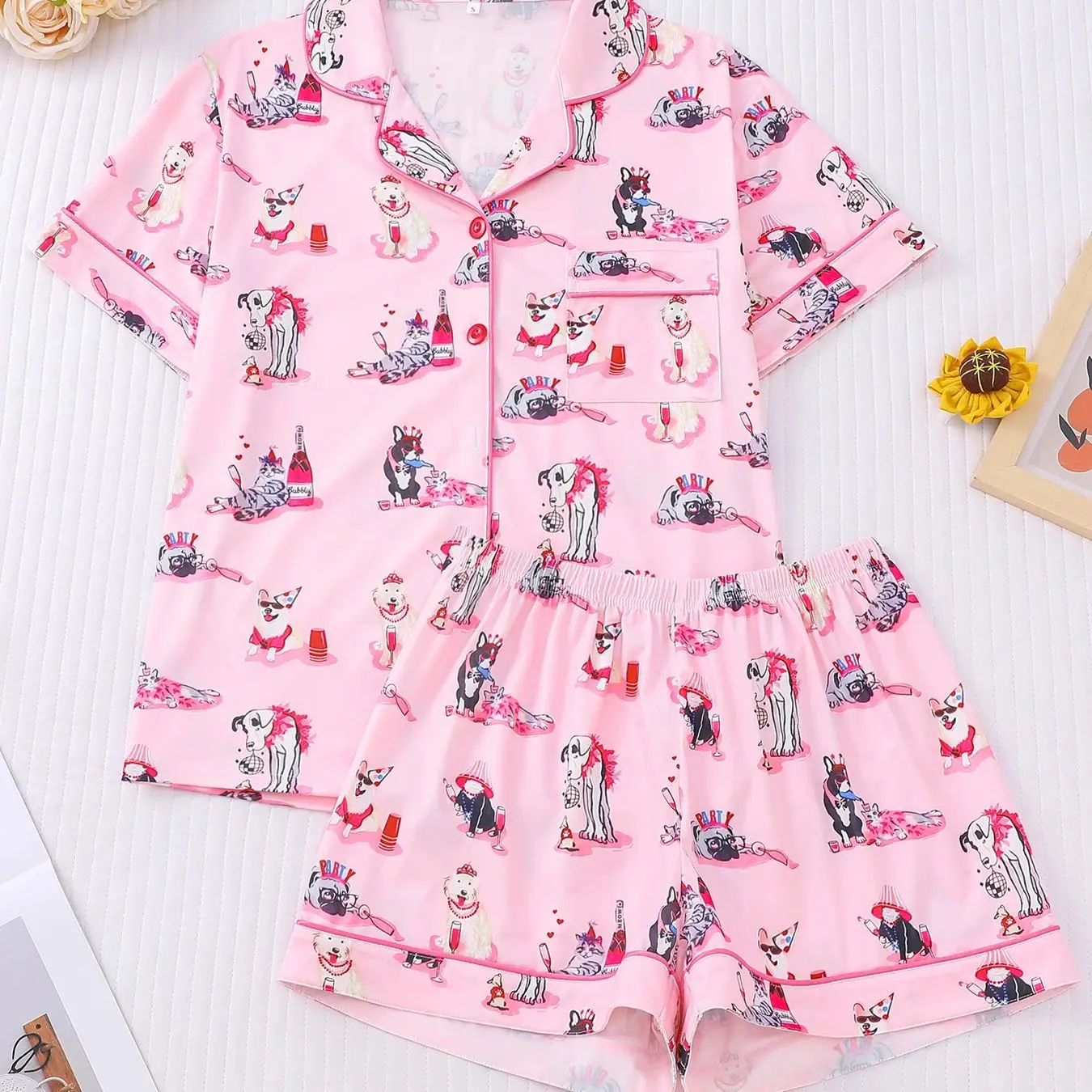 Pink Cute Pet Dog Collar Cardigan Short Sleeved+Shorts Women's Pet Lover Home Sleepwear Two-Piece Set