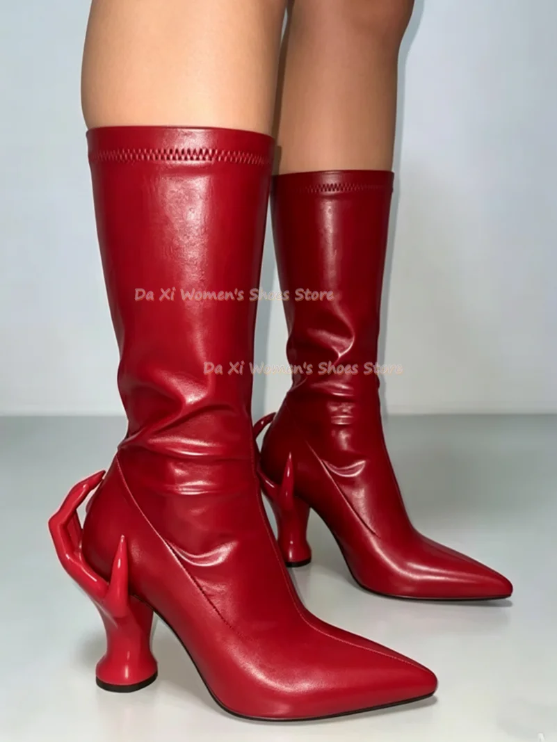 Black Faux Leather Knee High Boots Pointed Toe Unique Red Hand Shape Heel Tall Boots Fashion Party Boots Handmade Custom Boots