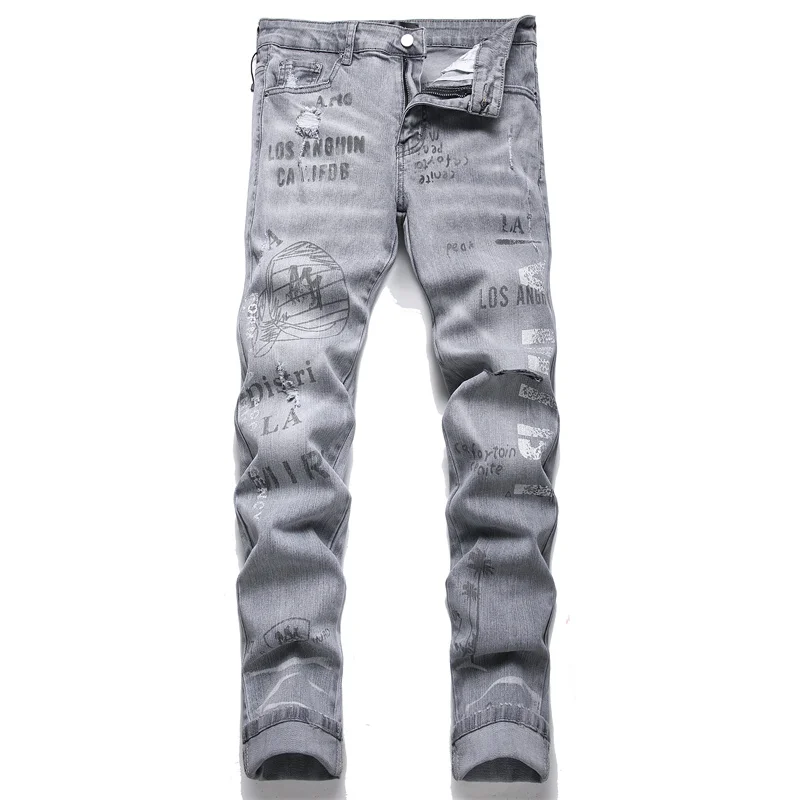 2024 High-end personalized design torn gray letter print Skinny stretch small leg men's jeans hip-hop street denim pants