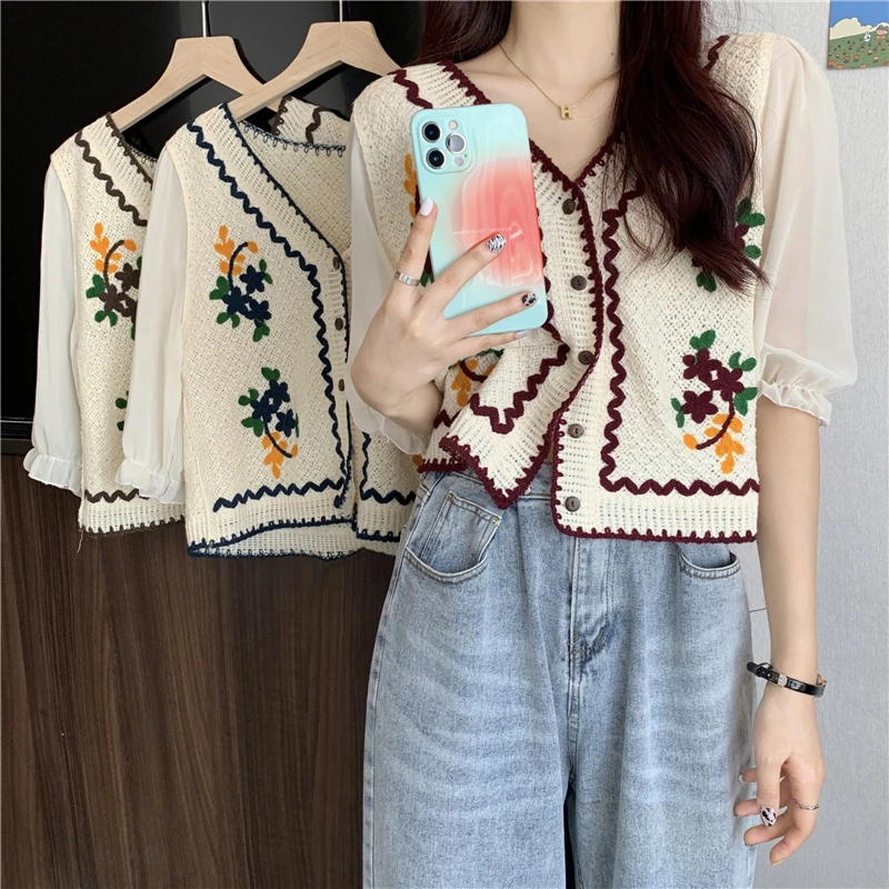 Blumen stickerei Häkel bluse mit Chiffon ärmel Knopf vorne Strickjacke Top Frauen Frühling Sommer Fairycore Baumwolle