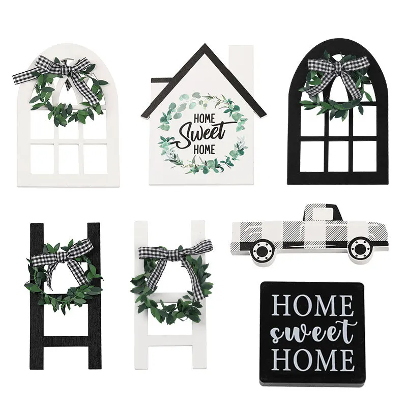 Holiday Farmhouse Layered Tray Decoration DIY Creative House Car Windows Wooden Hanging Sign Home Decorative Board Accessories