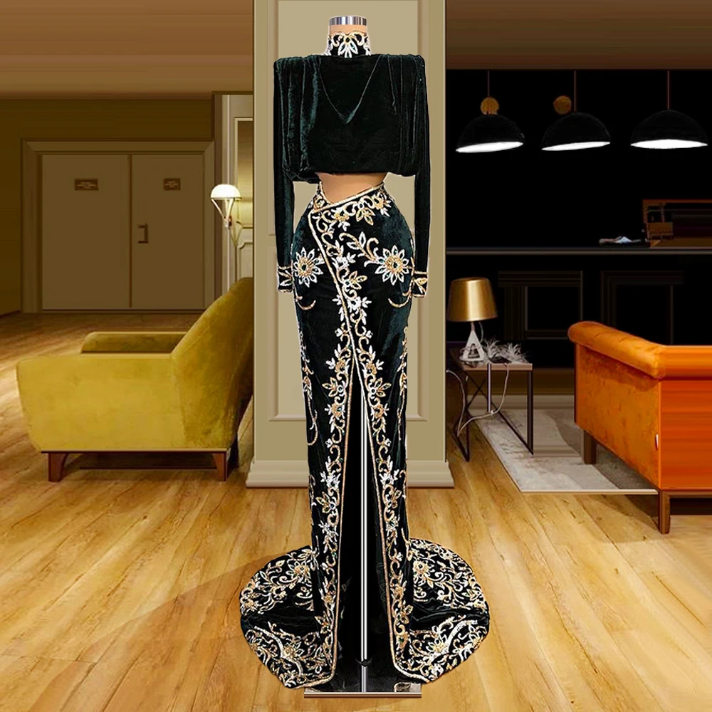 Zwei Stücke Ballkleider Meerjungfrau Lange Ärmel Samt Applikationen Dubai Saudi-Arabien Abendkleid Abend Robe De Soiree Maßgeschneidert