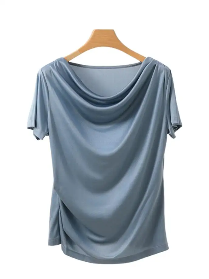 

New Solid Color Satin Swing Neck Shoulder Top Women's Summer Shoulder Waist Tie Extra Large T-shirt Short Sleeve