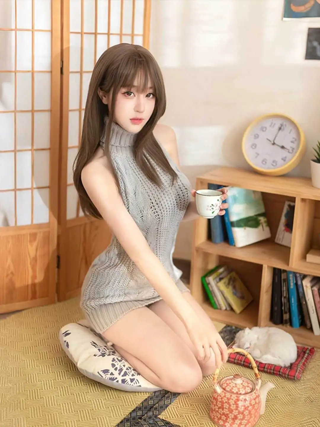 Sexy Loose High Collar Bal Knitted Sweater Hollow out ay Hanging Ne Open Ba Knit Top with ort Skirt Set for Women