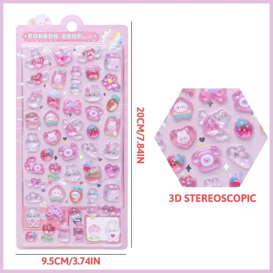 ملصقات منتفخة على شكل أرنب وردي لطيف ثلاثية الأبعاد - ملصقات كاواي صغيرة منتفخة قابلة لإعادة الاستخدام لسجلات القصاصات والمجلات وأجهزة الكمبيوتر المحمولة والهاتف C