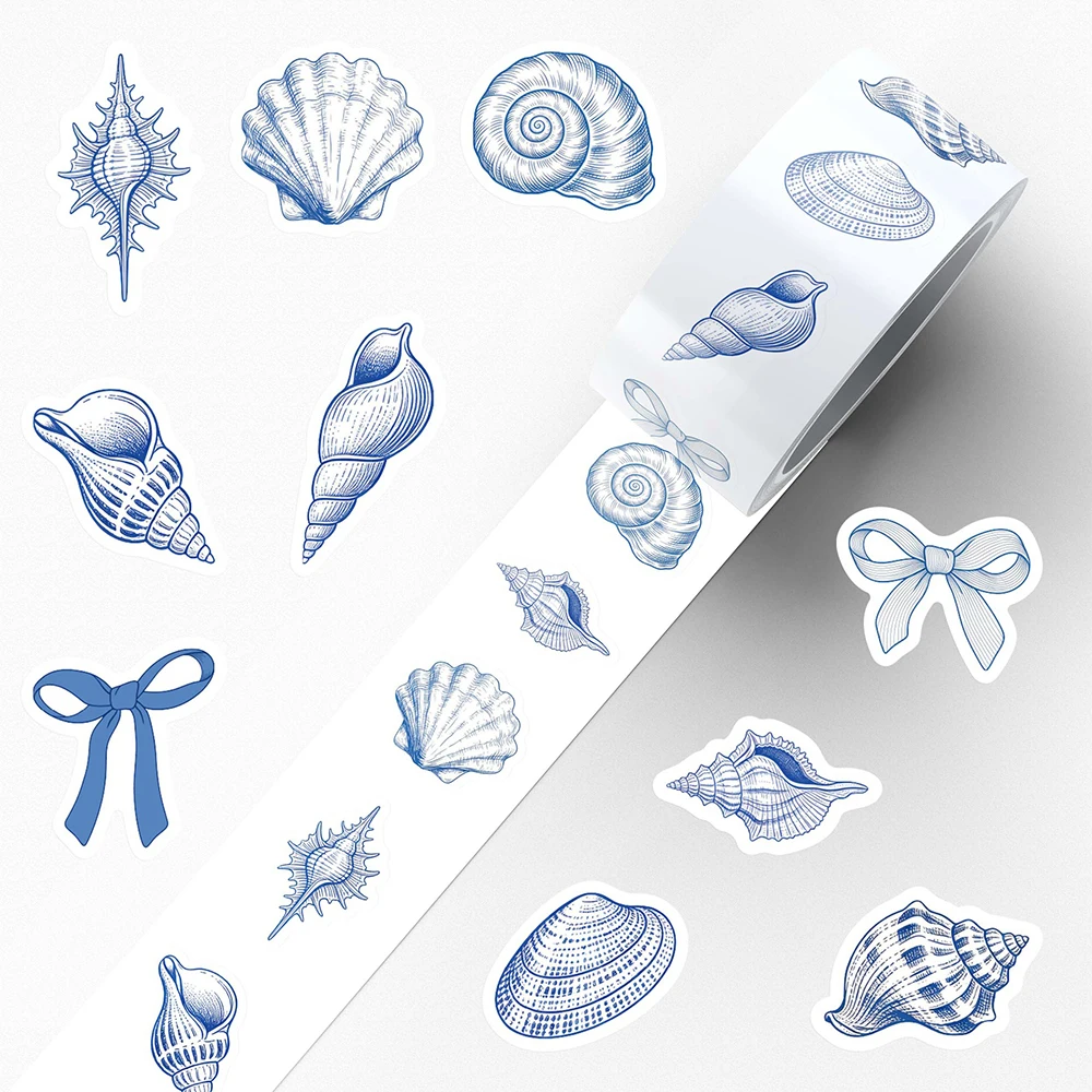 500pcs/roll Blue Marine Organism Shell Stickers Cute Cartoon Decals Decoration DIY Luggage Scrapbook Phone Reward Sticker Gifts