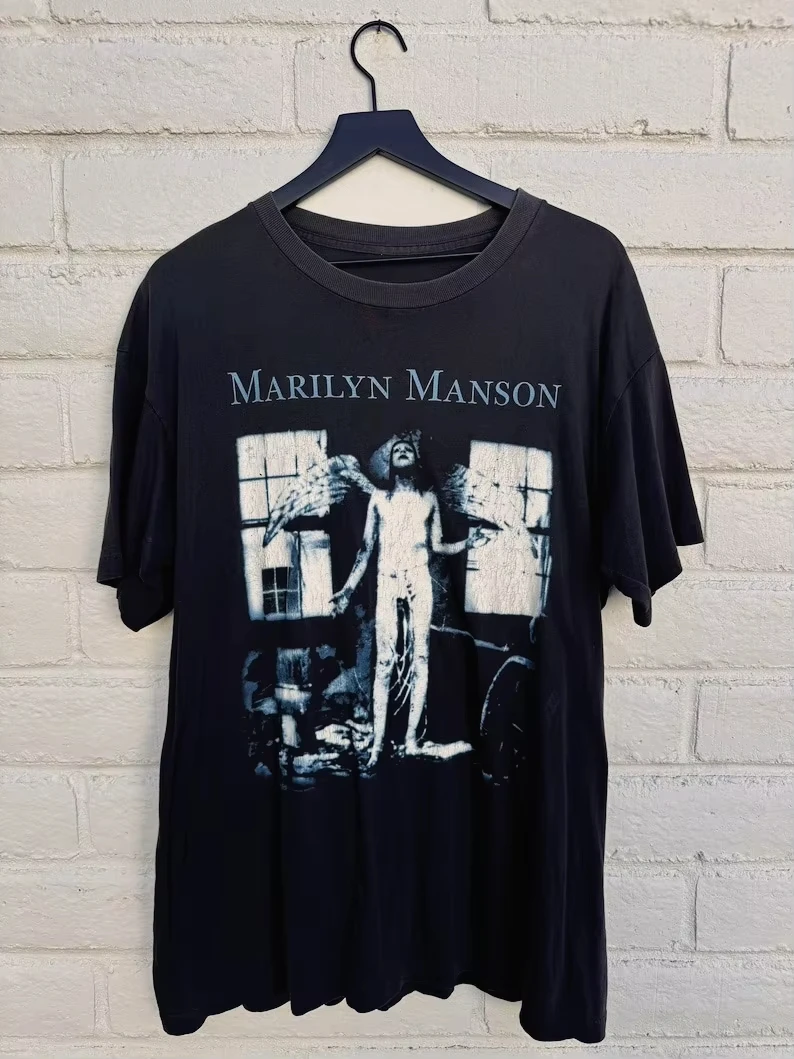 

Retro Marilyn Manson Short Sleeve Cotton T-shirt 90s Goth Industrial Metal Men Women Print Tee Summer Vintage Nostalgia Tee Tops