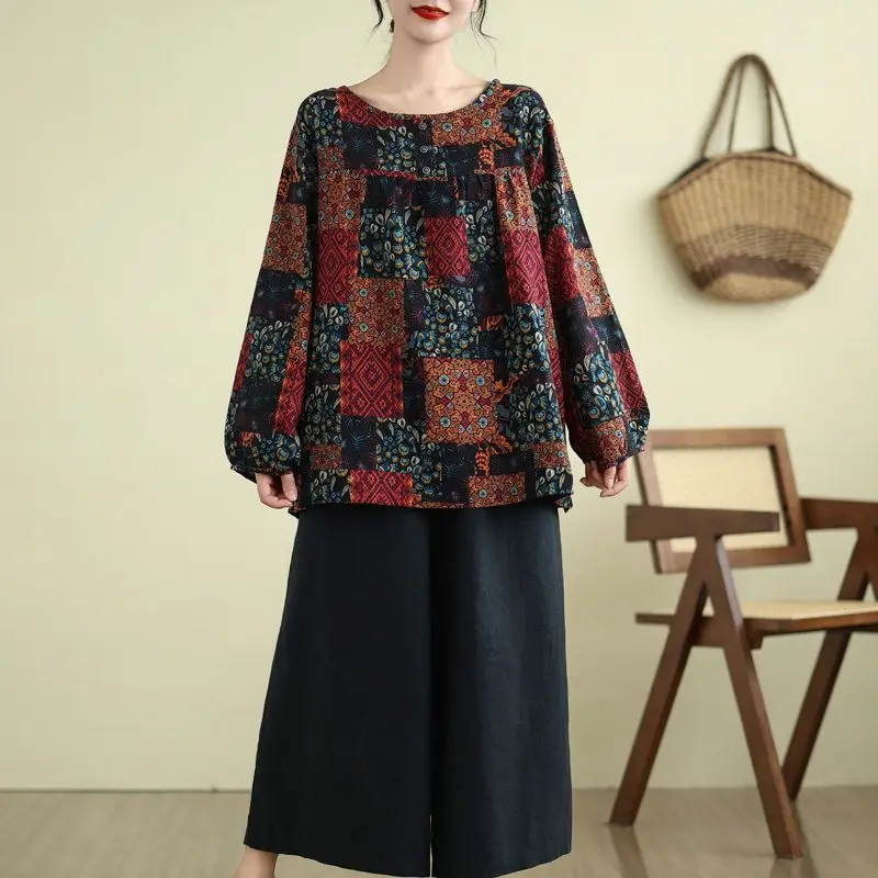 Plus Größe frauen Frühling Herbst Neue Rundhals Langarm Top Senior Mama der Lose Bauch Bedecken Gedruckt Baumwolle leinen Tragen