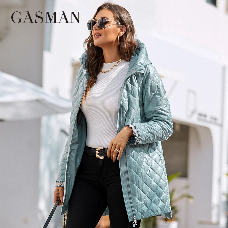 GASMAN 2022 New Spring Autumn Women coat Simple Mid-Length Fashion unique splicing Hooded design Women\'s spring jackets 8220