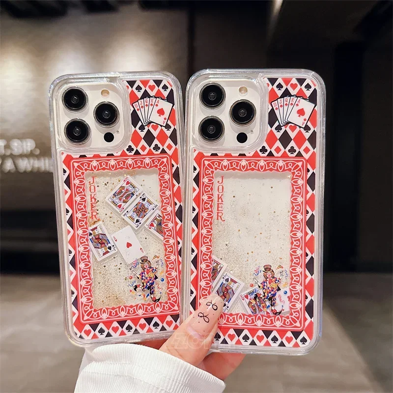 For iPhone 12 13 14 15 Pro Max Case Liquid Quicksand Bling Shiny Glitter Moving Poker Cards Cool Ice Lemon Summer Clear Covers