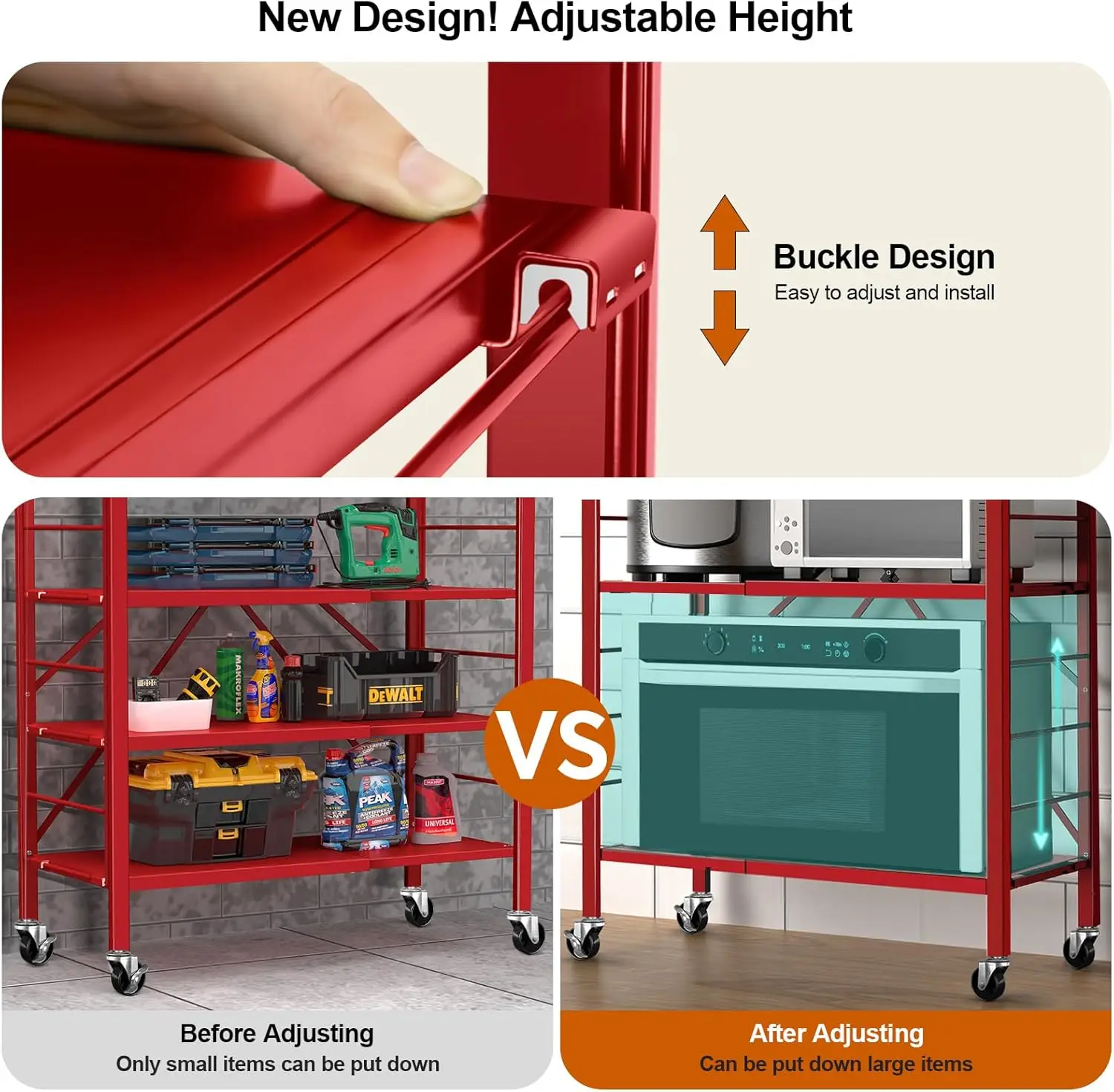 رف تخزين قابل للطي مكون من 6 أرفف، أرفف معدنية قابلة للتعديل بعجلات، قابلة للتغيير إلى وحدتين