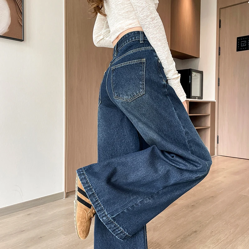 Jeans a gamba larga a vita alta foderati in Fce blu intenso, taglio dritto, vestibilità ampia, pantaloni lunghi fino al pavimento, bootcut casual da donna