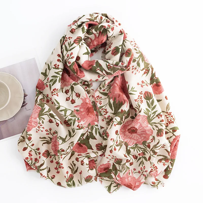Printed Long Imitation Cashmere Scarf Women Warm Flower Shawl Fashion Commuter Cold Neck Scarf Soft Cozy Thickened Versatile
