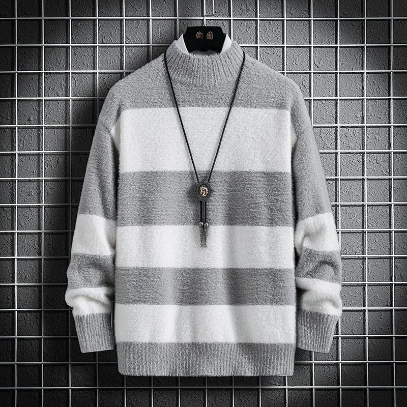 

2023 Winter men's sweater sweater Warm long sleeve stripe sweater mink fleece high quality sweater men's casual sweater1855