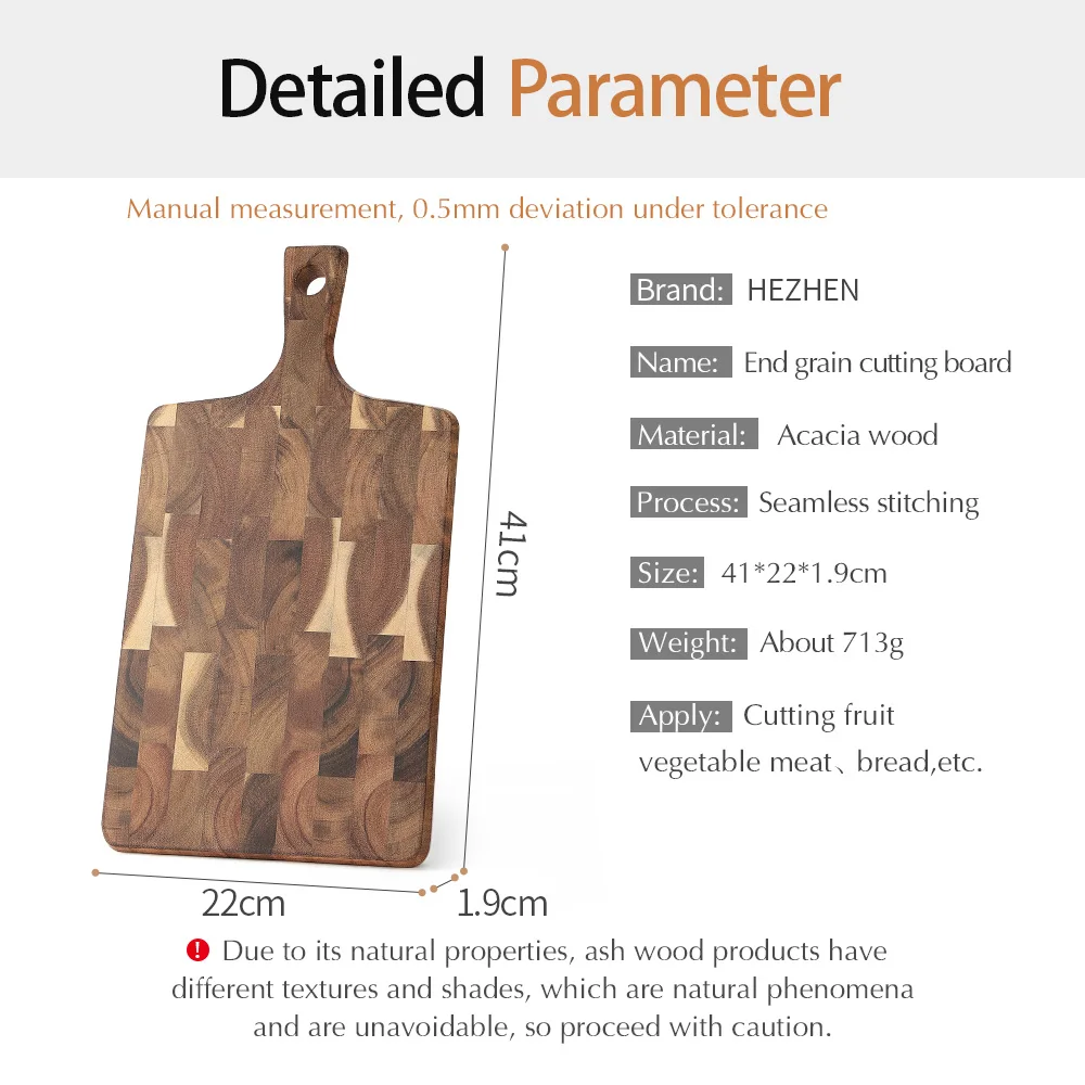 HEZHEN Cutting Board Acacia Wood Kitchen Double-sided Use Hangable Dark Wood Square Racket Shape Chopping Board