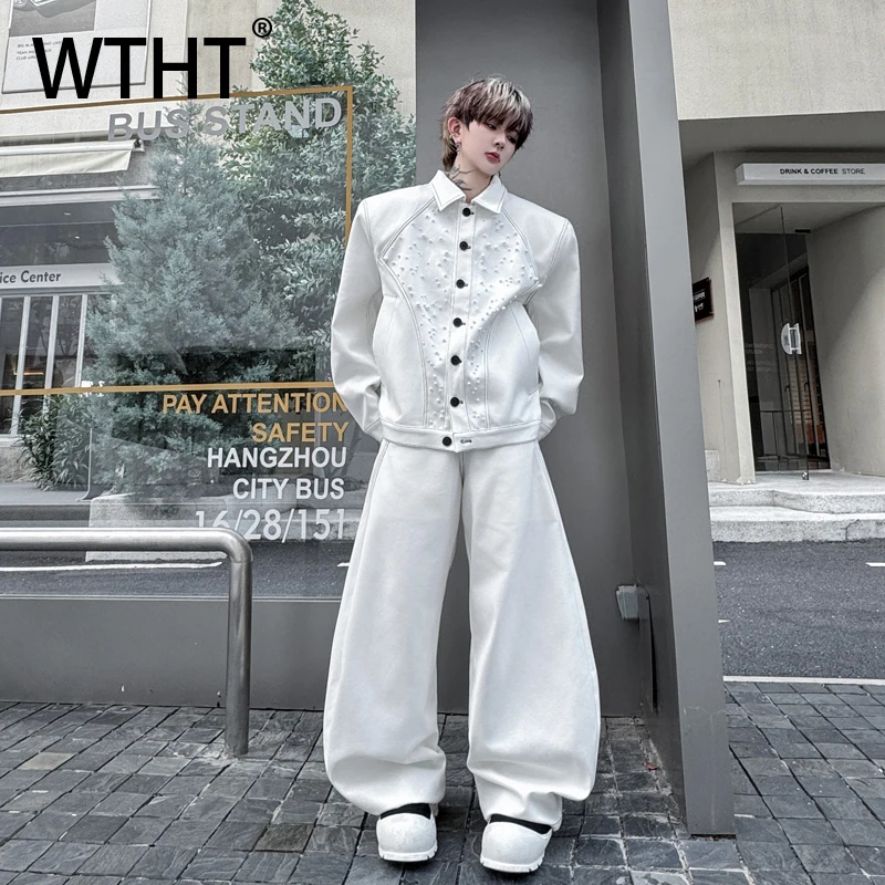 

WTHT Fashion Men‘s Set Patchwork Beads Solid Color Lapel Coats Casual High-waisted Loose Pants Suit Male 2025 Autumn 2A1686