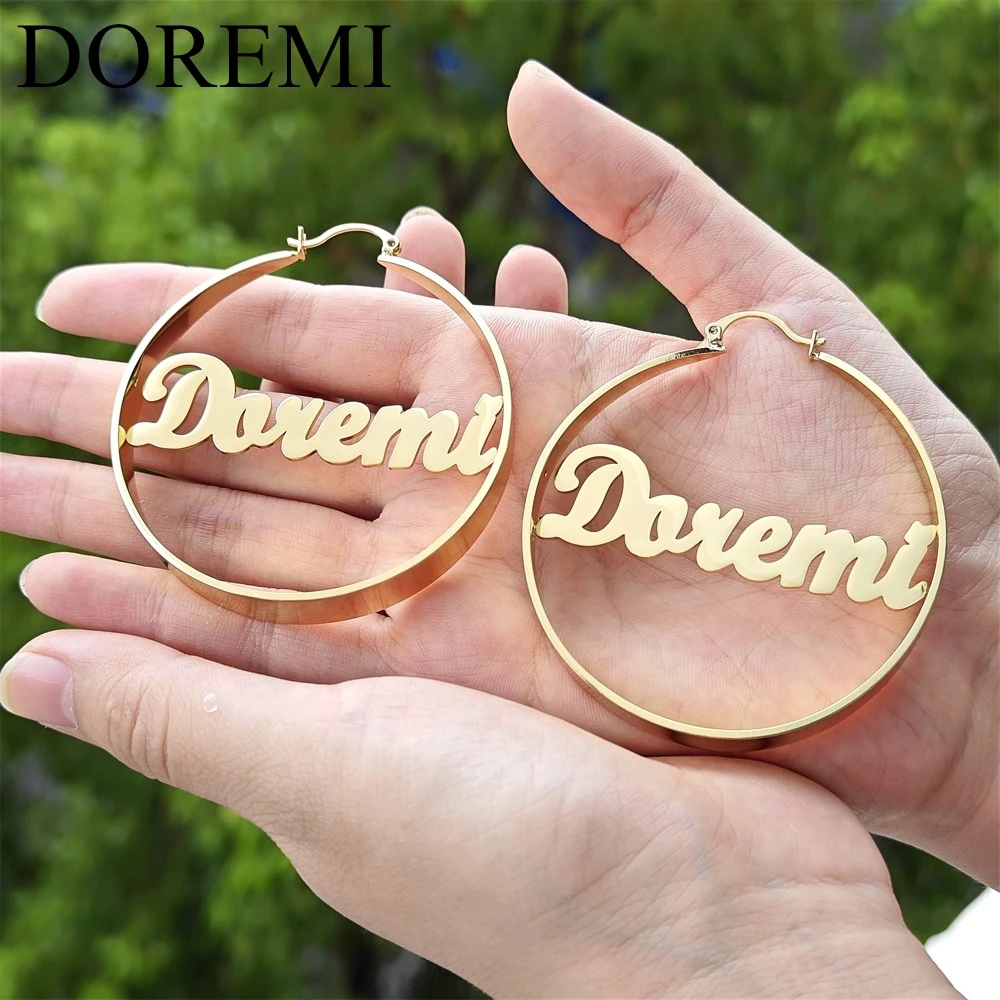 DOREMI Stainnless Steel Personalized Name Earring Hoop Wide Earrings Customized Name Exaggerated Punk Women Big Gift Jewelry