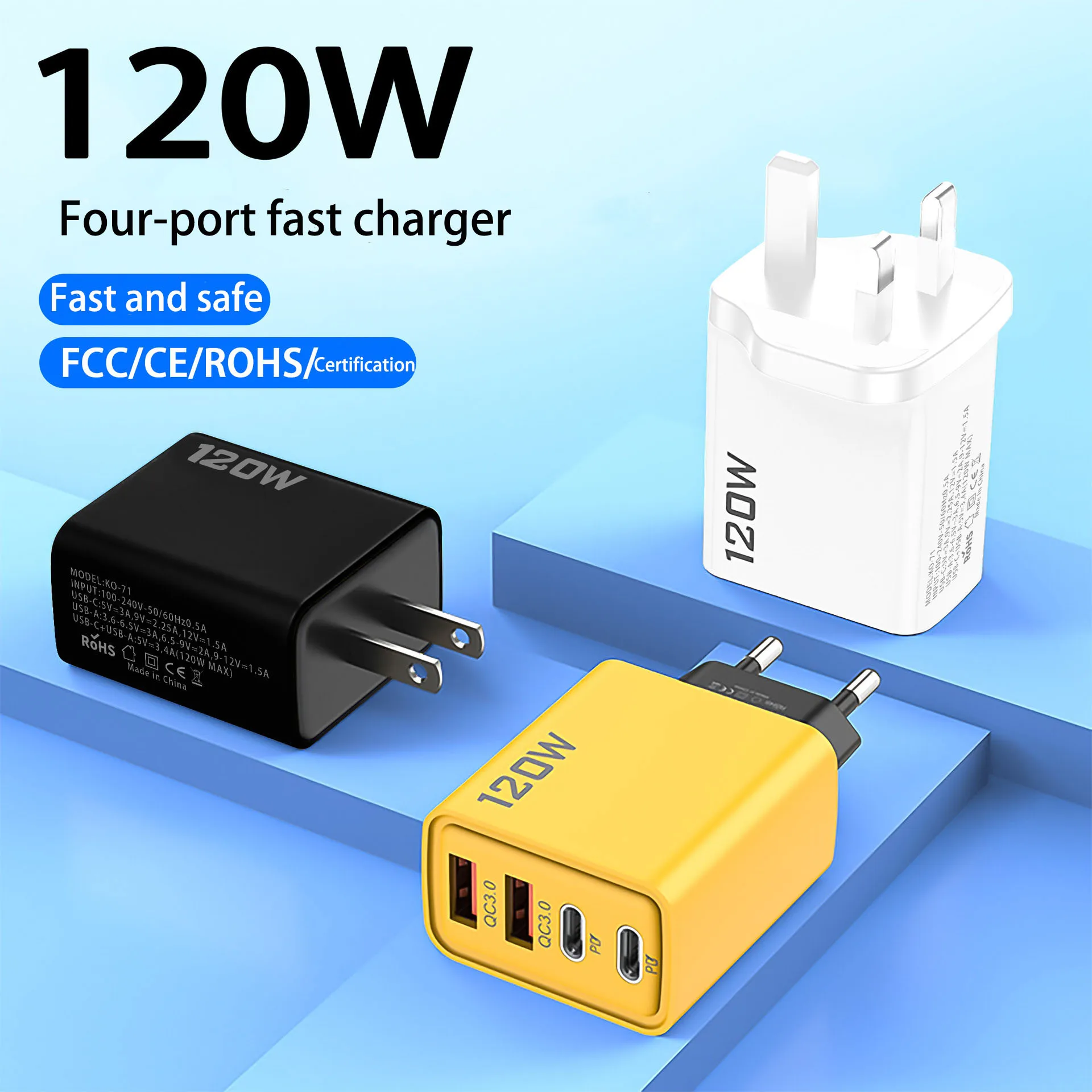 120 واط 4 ميناء شحن سريع PC/USB شاحن EUR/الولايات المتحدة/المملكة المتحدة القياسية نوع C الجدار شاحن QC3.0 محول آيفون سامسونج الدخن هواوي