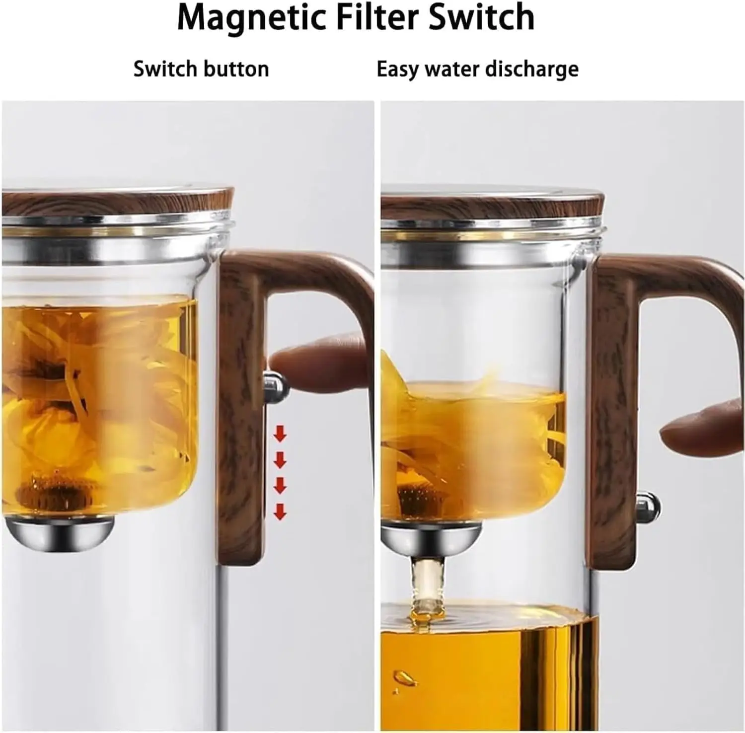 Tetera de cristal mágica de 600ML con mango de madera para el hogar, oficina, bebida, té, interruptor de un clic, filtración de té, tetera magnética Enchantipot