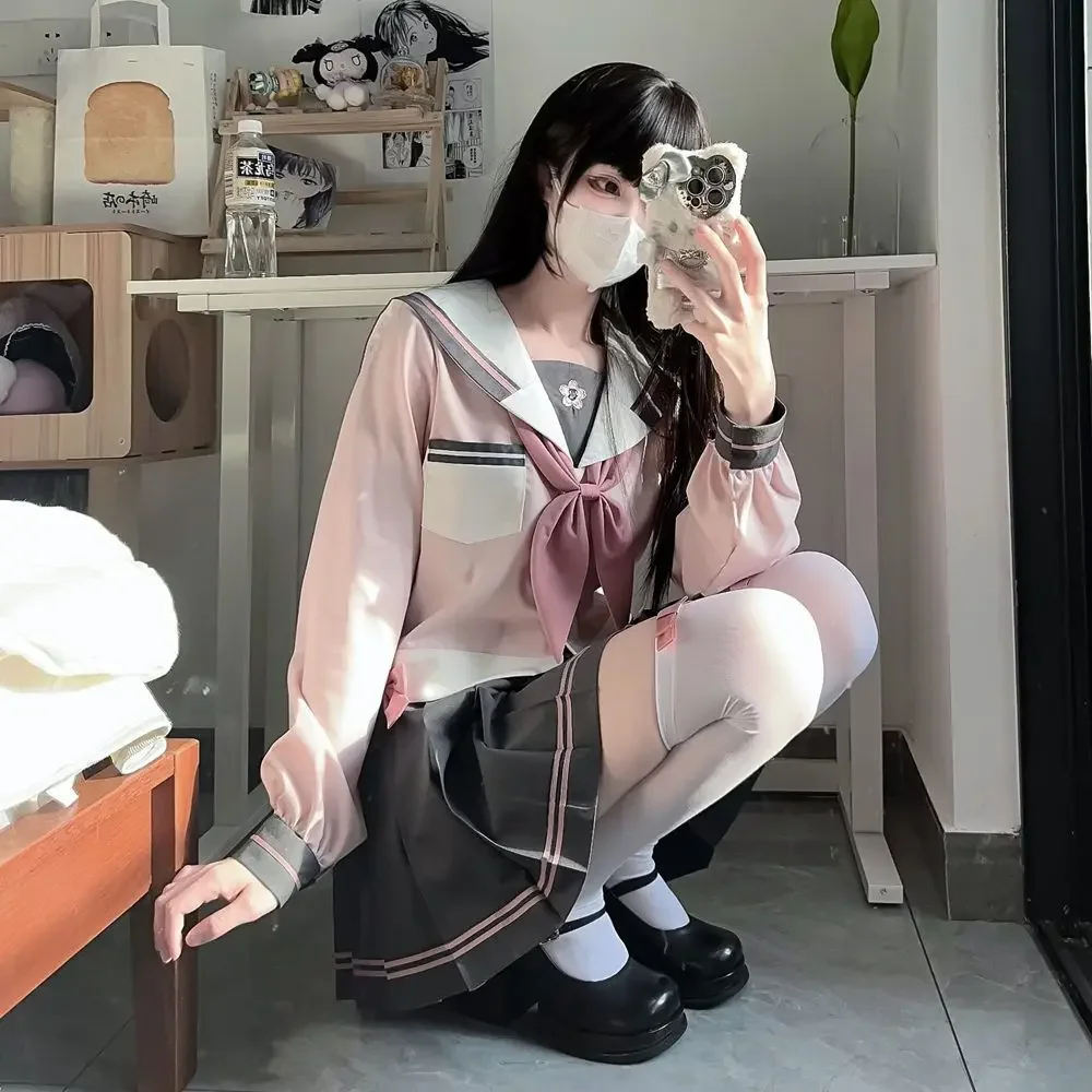 اليابان JK تنورة قصيرة دعوى بحار الملابس ذهبية ربطة القوس فيونكة Kawaii فتاة الوردي رمادي كم طويل البحرية طوق القوس النمط الجماعي