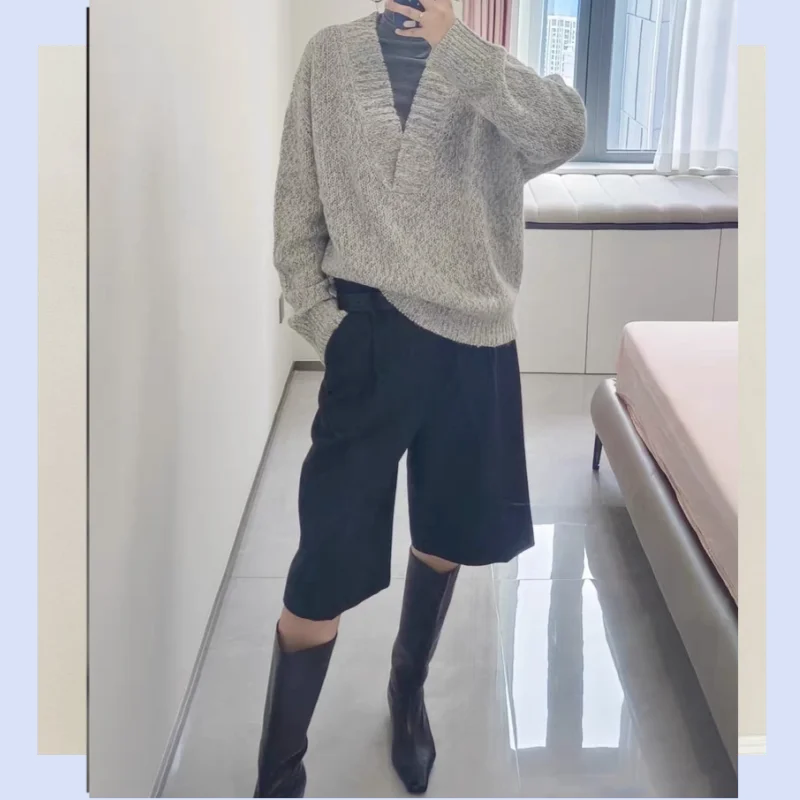 

Lyocell wool marble patterned floral yarn vintage casual coarse needle deep V-neck sweater