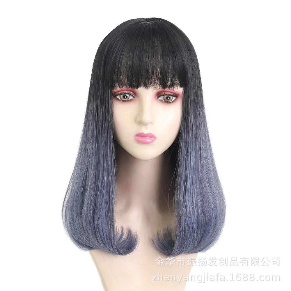 Medium Length Ombre Mixed Blue Straight Curled Fiber Dyed Inner Button Cosplay Hair Wig Heat Resistant