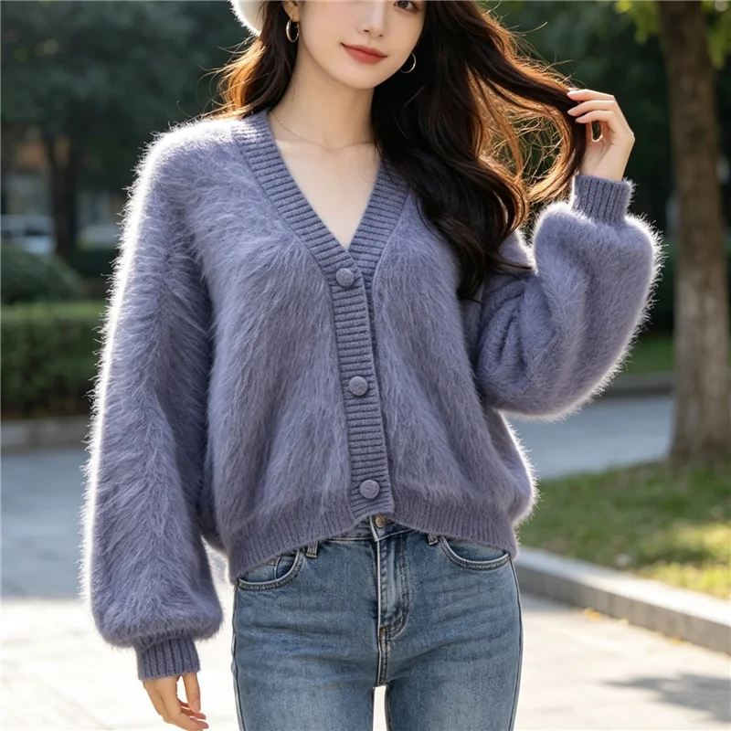 

Casual Luxury Women Mujer Fluffy Hairy Real Mink Fur Cashmere Cardigan V-Neck Long Sleeve Loose Grey Jacket Coat Sweater Pull